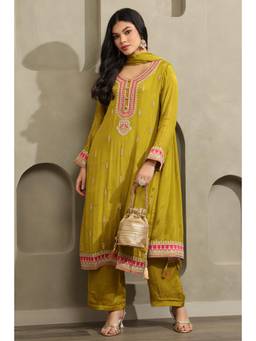 Soch - Olive Embroidered Sequined Work Kurta with Pant and Dupatta