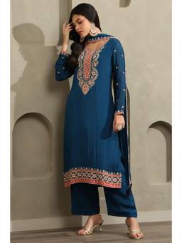 Soch - Navy Blue Embroidered Thread Work Kurta with Pant and Dupatta