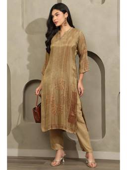 Soch - Beige Printed Beads-Stones Work Kurta with Pant