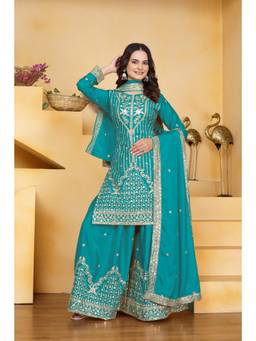 THE52 - Turquoise Embroidered Sequined Work Kurti with Palazzo and Dupatta