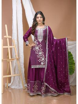 THE52 - Wine Embroidered Sequined Work Kurta with Palazzo and Dupatta