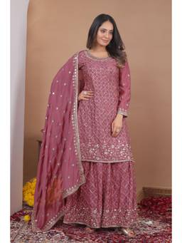 THE52 - Pink Embroidered Mirror Work Kurta with Palazzo and Dupatta