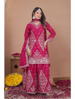 THE52 - Pink Embroidered Sequined Work Kurta with Sharara and Dupatta