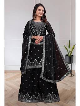 THE52 - Black Embroidered Sequined Work Kurta with Sharara and Dupatta