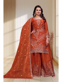 THE52 - Rust Embroidered Sequined Work Kurta with Palazzo and Dupatta