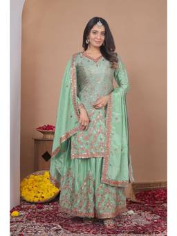 THE52 - Green Embroidered Sequined Work Kurta with Palazzo and Dupatta