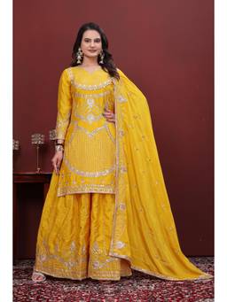 THE52 - Yellow Embroidered Sequined Work Kurta with Palazzo and Dupatta