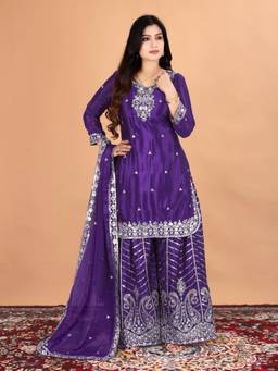 THE52 - Purple Embroidered Sequined Work Kurta with Palazzo and Dupatta