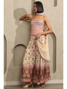 Soch - Cream Floral Printed Mirror Work Corset Top with Palazzo and Dupatta