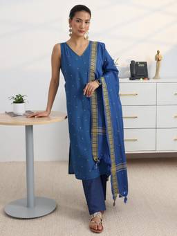 Gerua By Libas - Blue Woven Thread Work Kurta with Pant and Dupatta