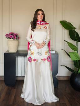 THE52 - White Floral Embroidered Kurti with Palazzo and Dupatta