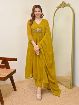 THE52 - Mustard Floral Embroidered Kurta with Pant and Dupatta