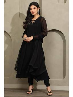 Soch - Black Sequined Beads-Stones Work Kurta with Churidar and Dupatta-Jacket