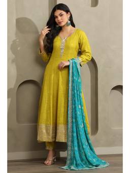 Soch - Olive Printed Sequined Work Anarkali Kurta with Pant and Dupatta