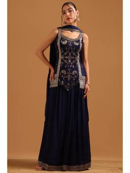 Soch - Navy Blue Woven Beads-Stones Work Top-Unstitched Sleeves with Palazzo and Dupatta