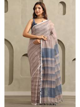 Soch - Earth Brown Cotton Stripes Printed Saree