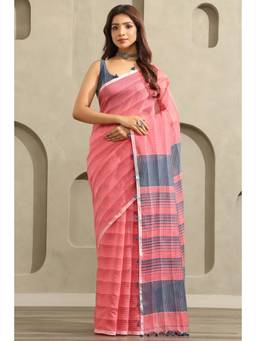 Soch - Pink Cotton Stripes Printed Saree