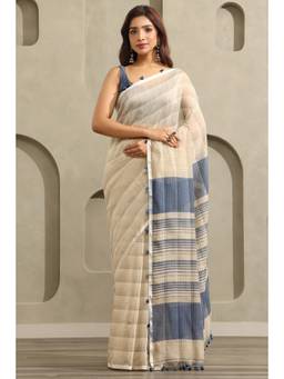 Soch - Cream Cotton Stripes Printed Saree