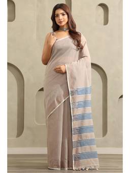 Soch - Grey Cotton Stripes Printed Saree