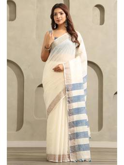 Soch - Off White Cotton Stripes Printed Saree