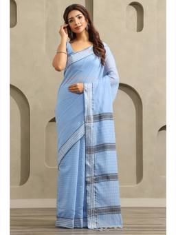 Soch - Light Blue Cotton Stripes Printed Saree