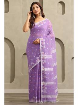 Soch - Purple Cotton Jamdani Floral Woven Saree