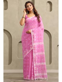 Soch - Pink Cotton Jamdani Floral Woven Saree