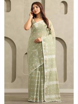 Soch - Sage Green Cotton Jamdani Floral Woven Saree