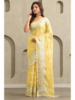 Soch - Yellow Cotton Jamdani Floral Woven Saree