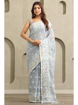 Soch - Grey Cotton Jamdani Floral Woven Saree