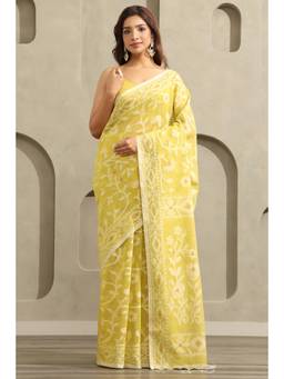 Soch - Yellow Cotton Jamdani Floral Woven Saree