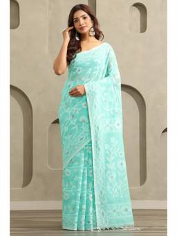 Soch - Turquoise Cotton Jamdani Floral Woven Saree