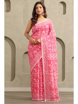 Soch - Pink Cotton Jamdani Floral Woven Saree