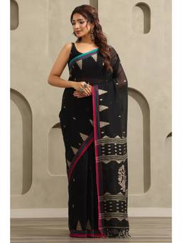 Soch - Black Cotton Jamdani Woven Saree