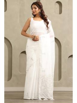 Soch - White-Green Tussar Botanical Floral Embroidered Saree
