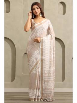 Soch - Beige Tussar Botanical Floral Printed Saree