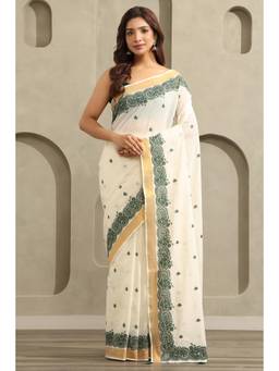 Soch - Off White-Green Cotton Kasavu Embroidered Saree