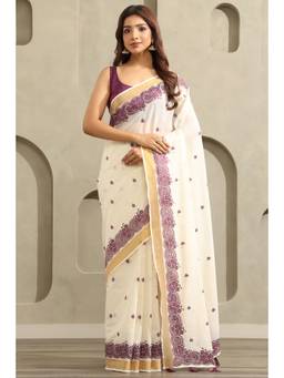 Soch - Off White-Wine Cotton Kasavu Embroidered Saree