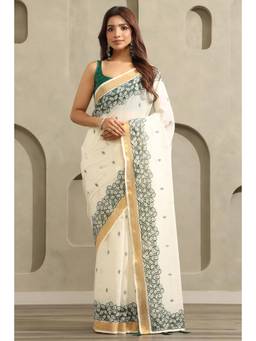 Soch - Off White-Green Cotton Kasavu Embroidered Saree