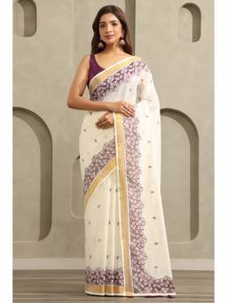 Soch - Off White-Wine Cotton Kasavu Embroidered Saree