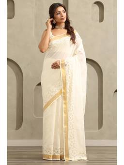 Soch - Off White Cotton Kasavu Embroidered Saree