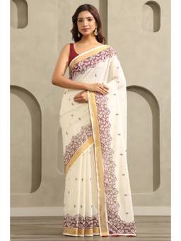 Soch - Off White-Maroon Cotton Kasavu Embroidered Saree
