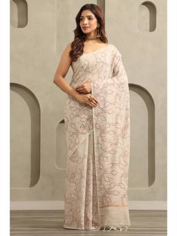 Soch - Beige-Maroon Tussar Kantha Embroidered Saree