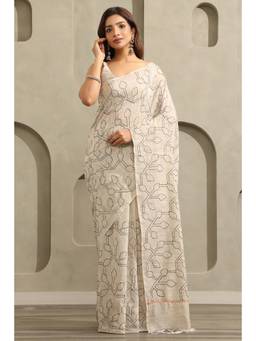 Soch - Beige-Black Tussar Kantha Embroidered Saree