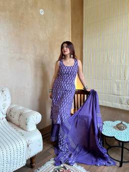 THE52 - Purple Printed Kurta with Palazzo and Dupatta