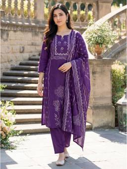 THE52 - Purple Floral Printed Kurta with Pant and Dupatta