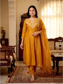 THE52 - Mustard Floral Embroidered Anarkali Kurta with Pant and Dupatta