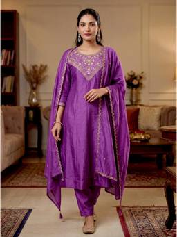 THE52 - Purple Floral Embroidered Anarkali Kurta with Pant and Dupatta