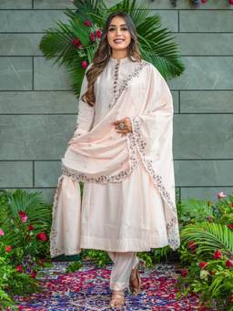 THE52 - Light Peach Floral Embroidered Anarkali Kurta with Pant and Dupatta