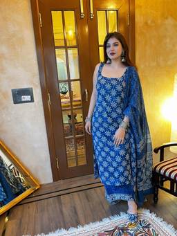 THE52 - Indigo Floral Printed Kurta with Palazzo and Dupatta